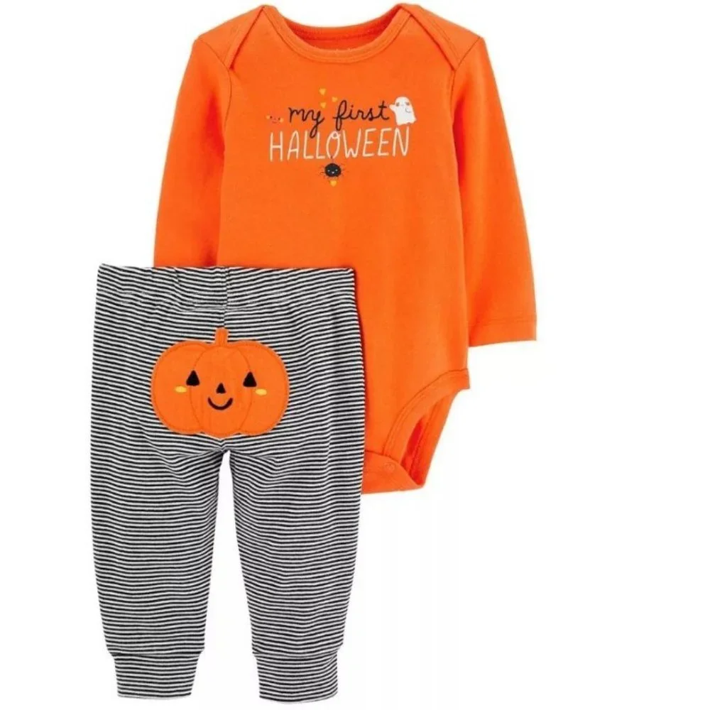 Boys 3 Pc Halloween Set 18 mths Bodysuit, Shirt, Pants Orange Black My 1st